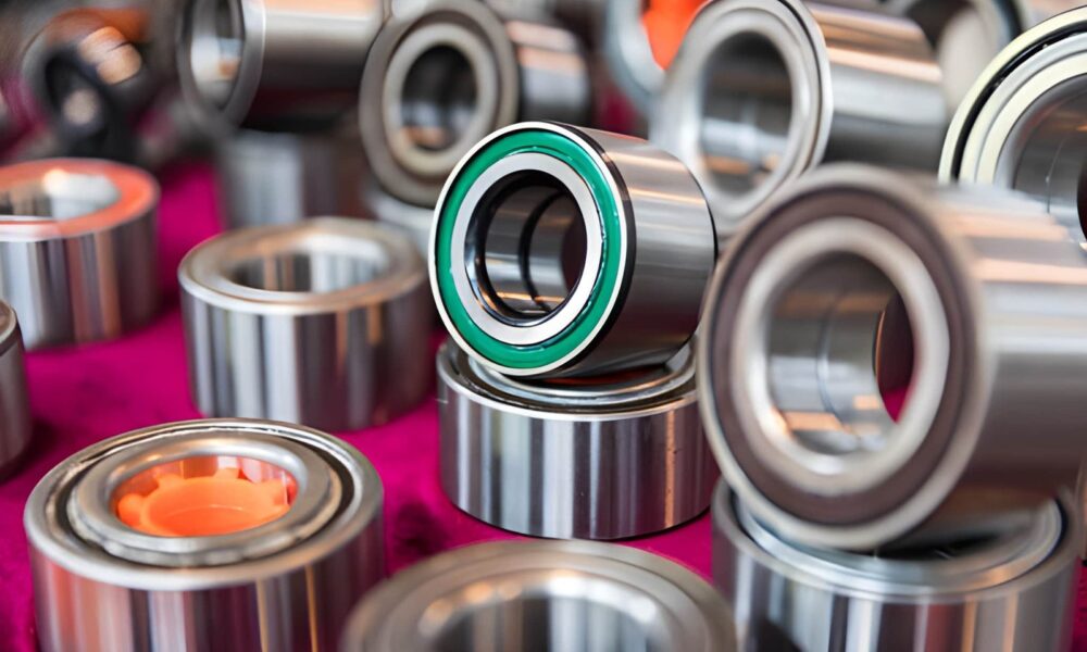 Close-up view of an industrial bearing showing metal components, lubrication, and smooth rotation in machinery