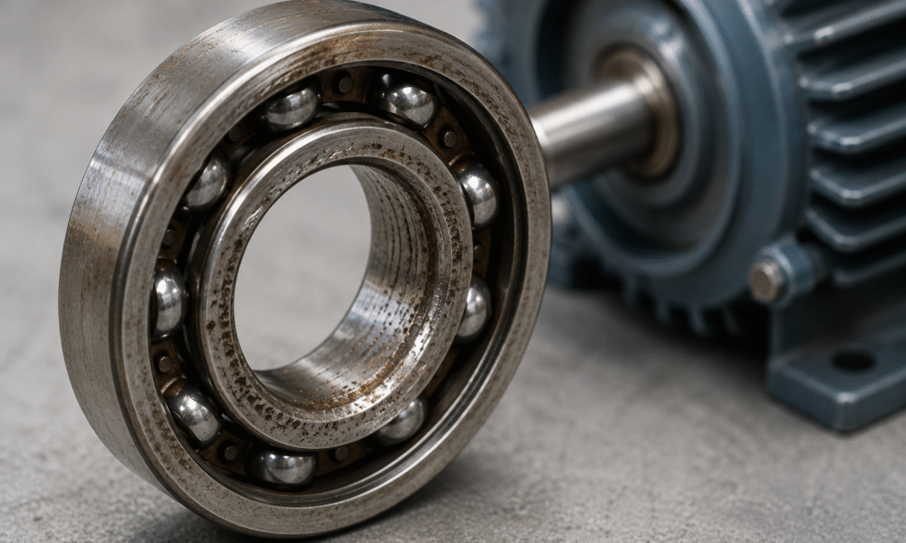 Industrial bearing with visible electrolytic corrosion and surface damage.
