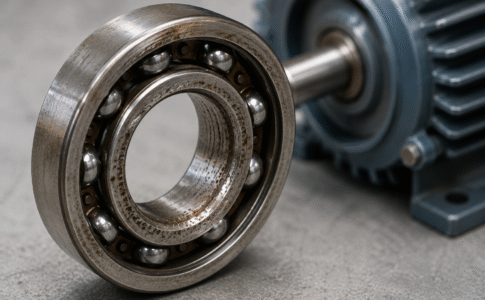 Industrial bearing with visible electrolytic corrosion and surface damage.